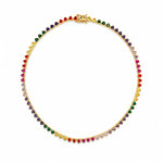 Elegant Rainbow Heart Tennis crafted in premium 18K Gold Filled over brass. Features colorful heart-shaped cubic zirconia stones, hypoallergenic construction, tarnish resistance, and a timeless tennis design for everyday wear.