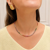 Elegant Rainbow Heart Tennis crafted in premium 18K Gold Filled over brass. Features colorful heart-shaped cubic zirconia stones, hypoallergenic construction, tarnish resistance, and a timeless tennis design for everyday wear.