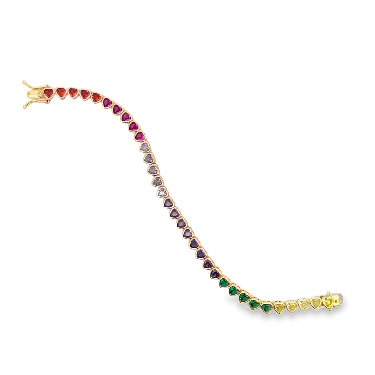 Elegant Rainbow Heart Tennis crafted in premium 18K Gold Filled over brass. Features colorful heart-shaped cubic zirconia stones, hypoallergenic construction, tarnish resistance, and a timeless tennis design for everyday wear.