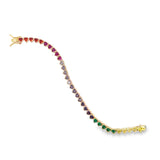 Elegant Rainbow Heart Tennis crafted in premium 18K Gold Filled over brass. Features colorful heart-shaped cubic zirconia stones, hypoallergenic construction, tarnish resistance, and a timeless tennis design for everyday wear.