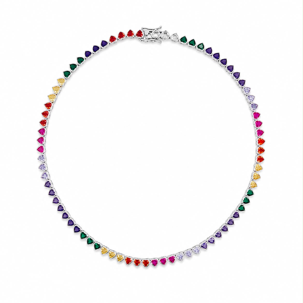 Elegant Rainbow Heart Tennis crafted in premium 18K Gold Filled over brass. Features colorful heart-shaped cubic zirconia stones, hypoallergenic construction, tarnish resistance, and a timeless tennis design for everyday wear.