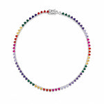 Elegant Rainbow Heart Tennis crafted in premium 18K Gold Filled over brass. Features colorful heart-shaped cubic zirconia stones, hypoallergenic construction, tarnish resistance, and a timeless tennis design for everyday wear.