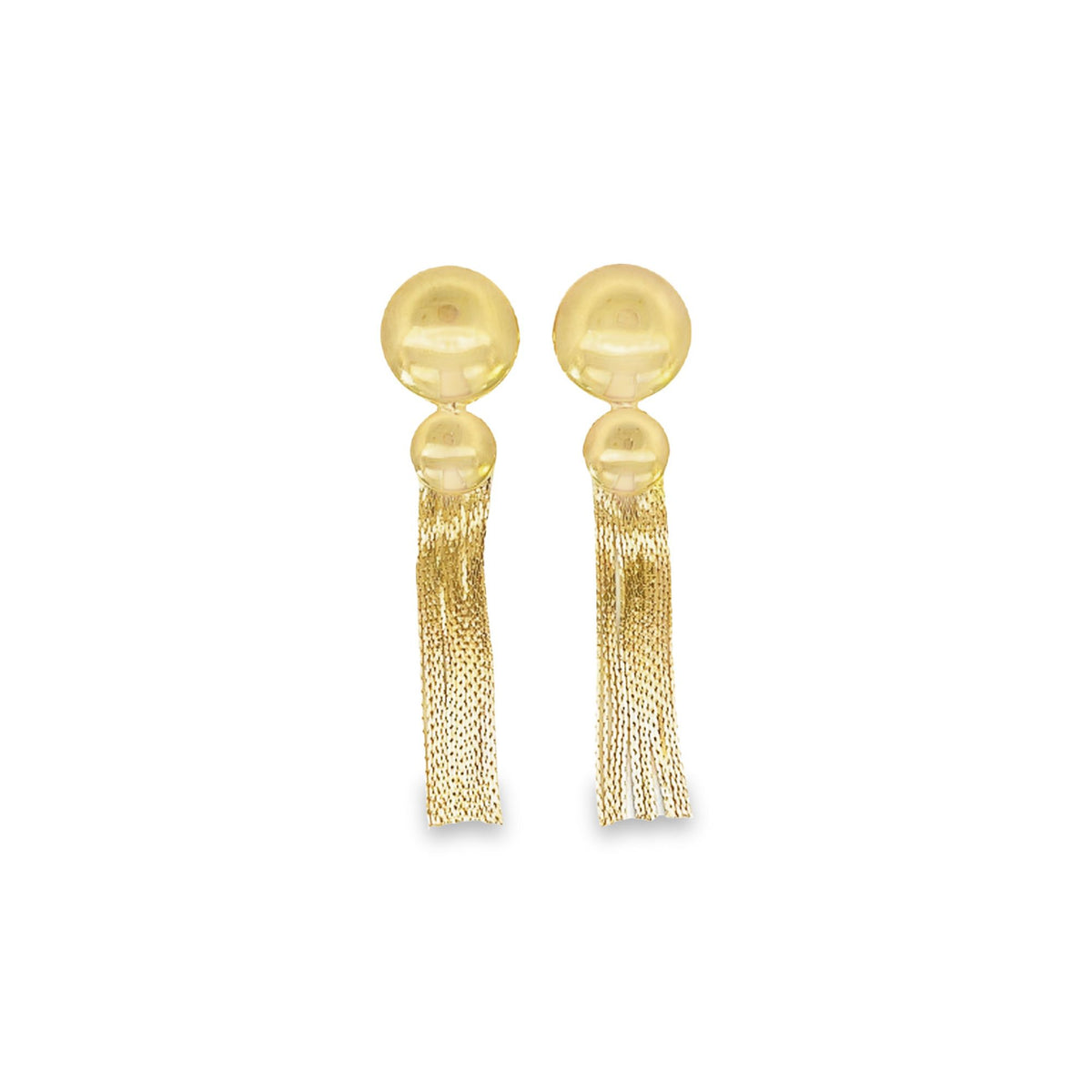 A pair of elegant gold drop earrings features polished spherical studs connected to delicate mesh fringe tassels.