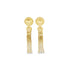 A pair of elegant gold drop earrings features polished spherical studs connected to delicate mesh fringe tassels.