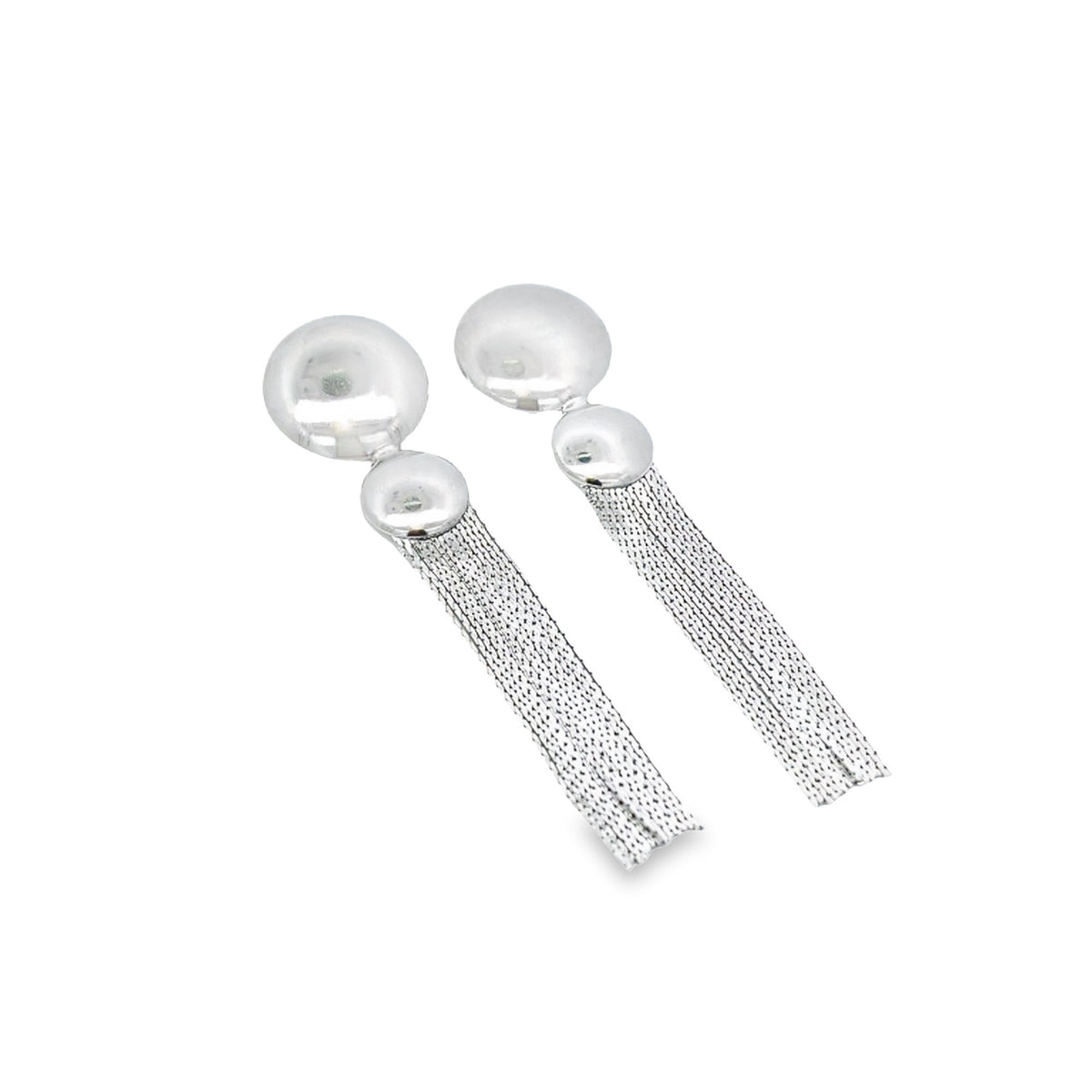 A pair of elegant silver tassel earrings featuring polished spherical studs and delicate mesh fringe hang against a clean white background.