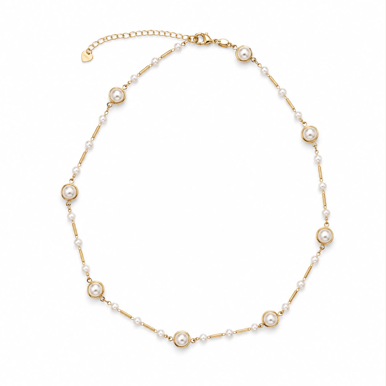 A delicate gold chain necklace features alternating white pearls and slender gold bars against a white background.