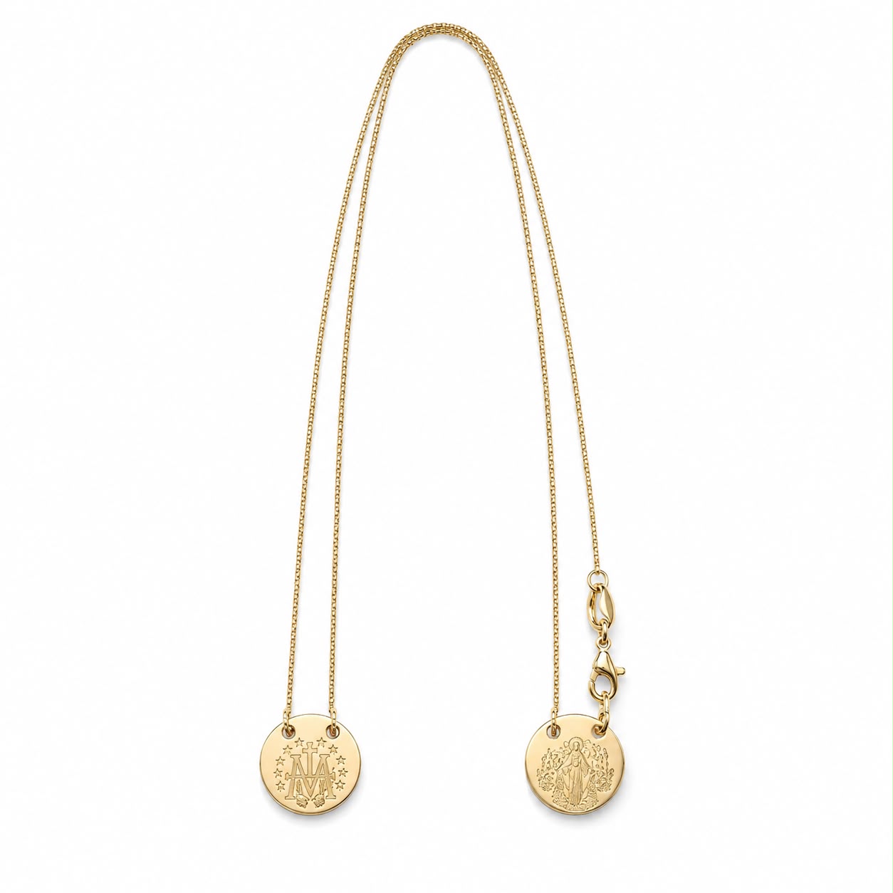 A delicate gold chain displays two engraved religious medallions against a clean white background.