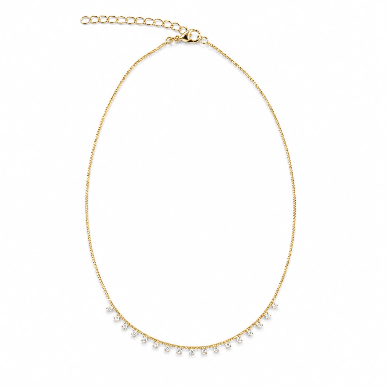 A delicate gold chain necklace sparkles with dainty crystal drops along the lower curve against a clean white background.