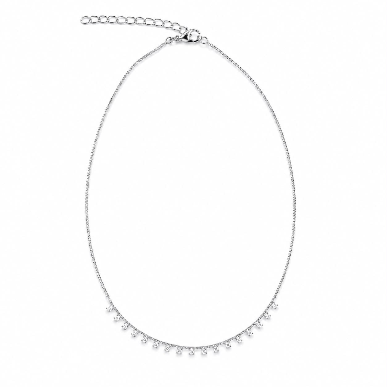 Delicate 18K Gold Filled 14-inch choker featuring tiny square cubic zirconia drops. Hypoallergenic, tarnish-resistant, adjustable, and perfect for layering.