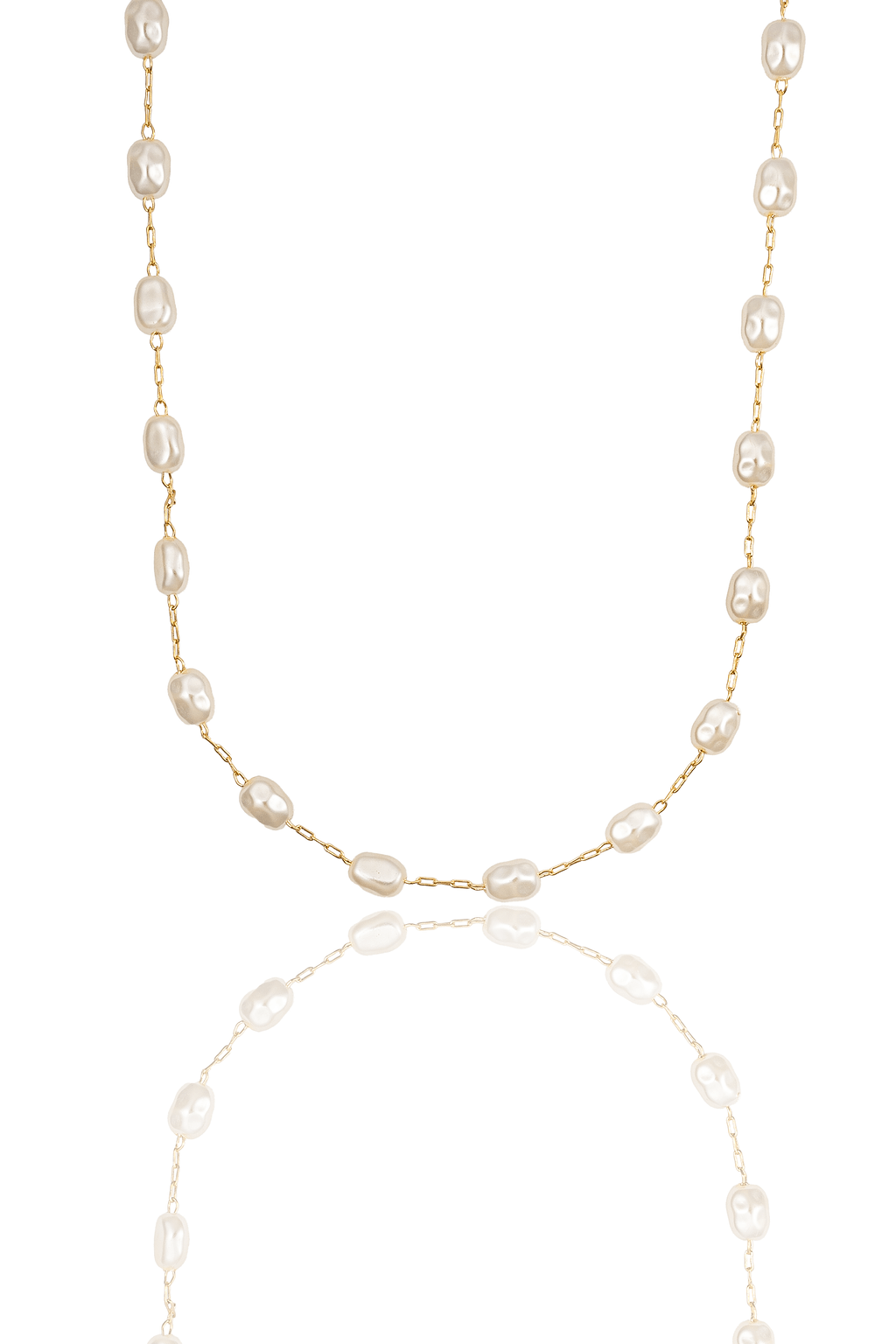A delicate gold chain necklace features scattered baroque pearls suspended against a clean white background.