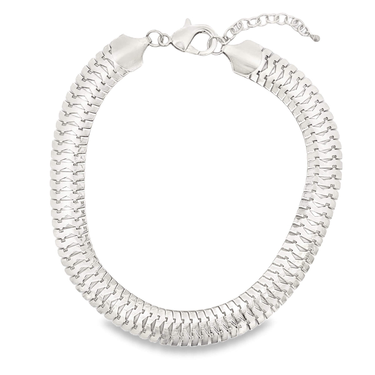 A thick silver herringbone chain necklace features a lobster clasp and an adjustable extension chain.