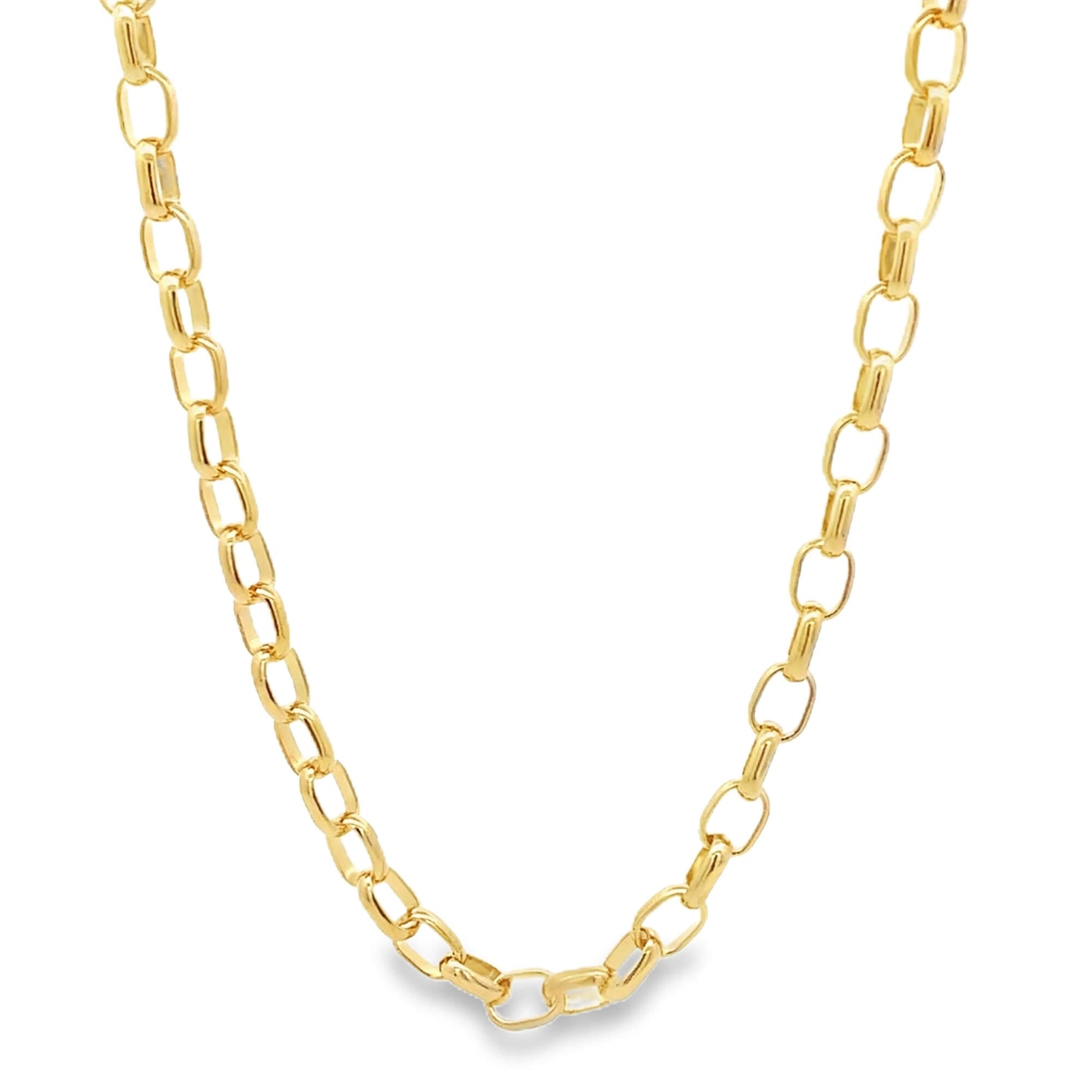 A polished gold link chain necklace drapes gracefully against a clean white background.