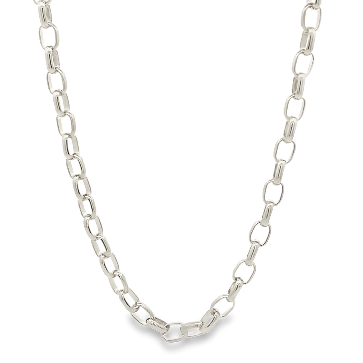 A thick silver chain necklace with interlocking oval links hangs against a plain white background.