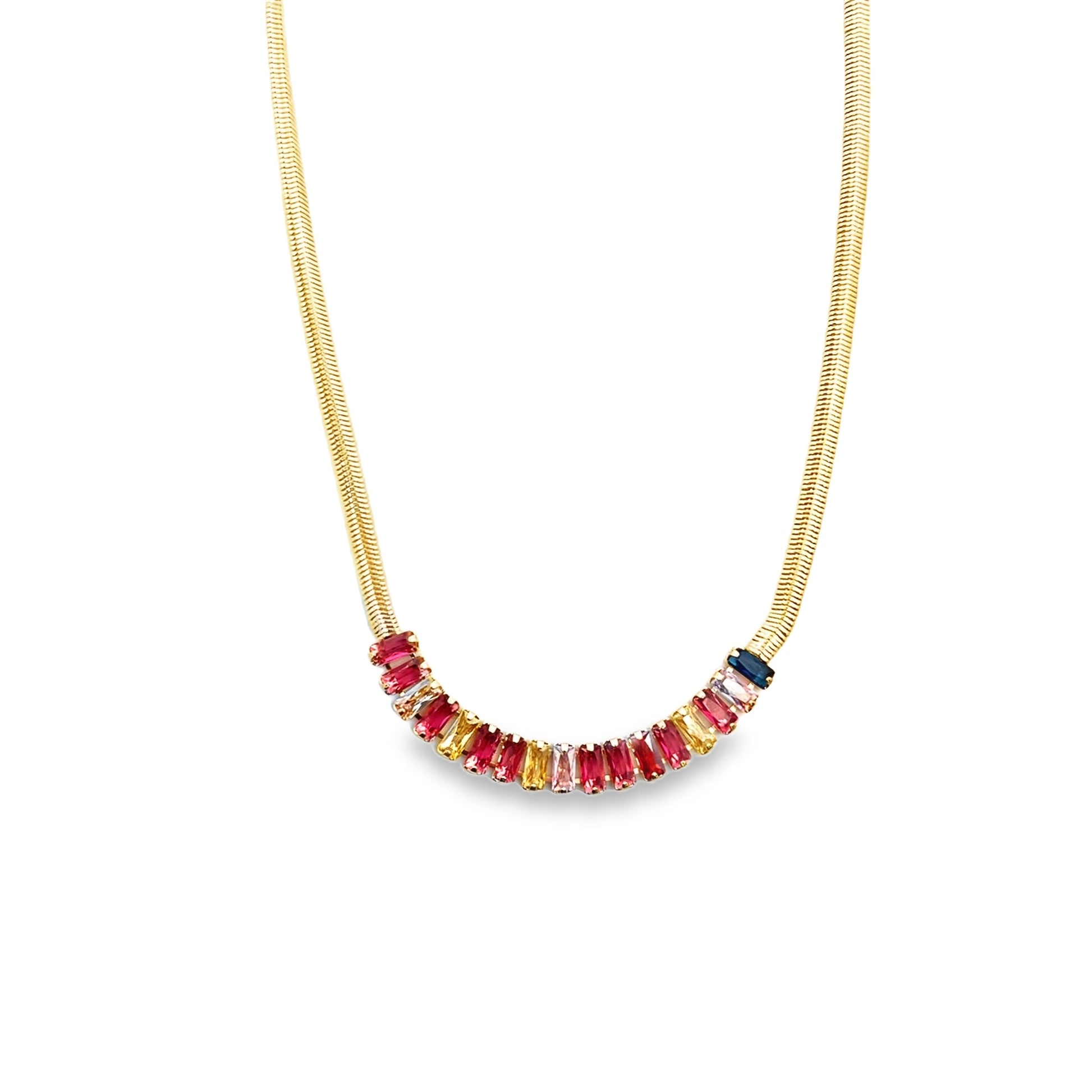 A gold herringbone chain necklace showcases a vibrant pendant made of multicolored baguette-cut gemstones.