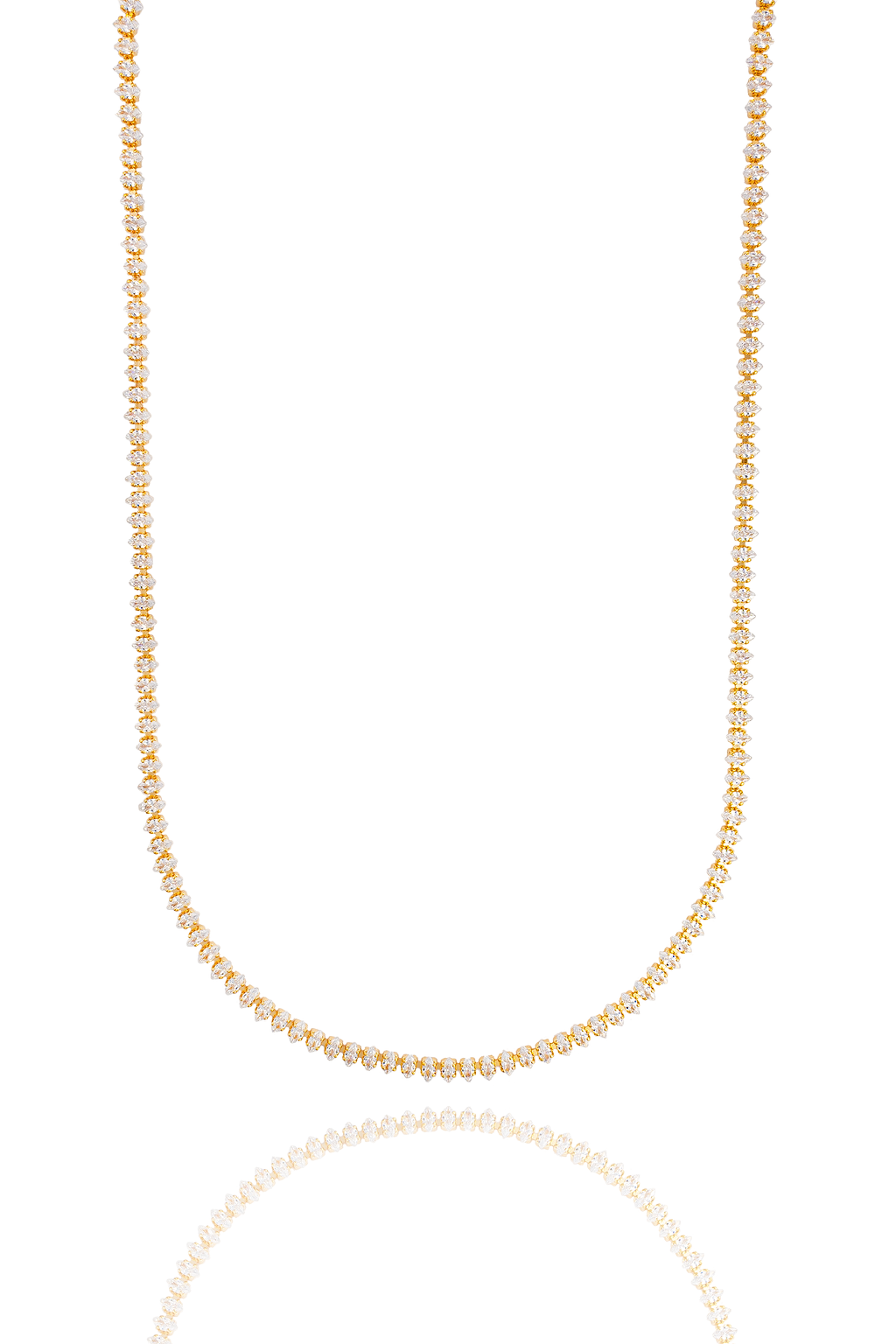 A dazzling diamond tennis necklace shimmers in a graceful U-shape against a clean white background.