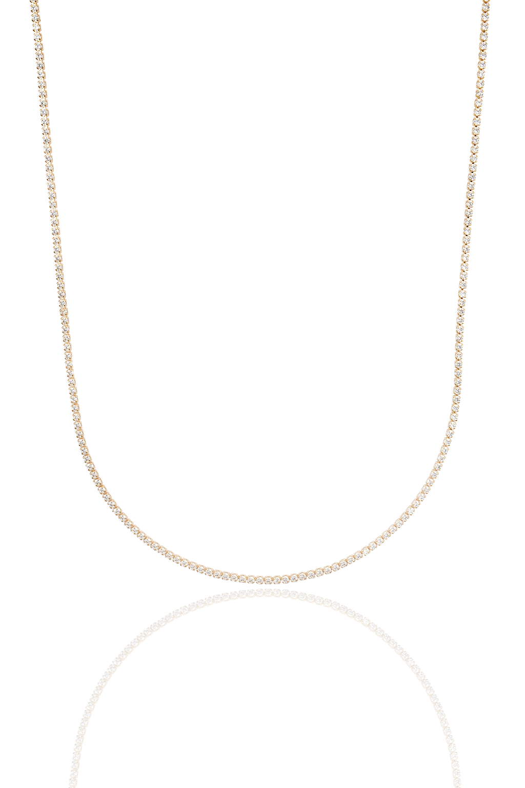 A sparkling diamond tennis necklace drapes gracefully against a pristine white background.