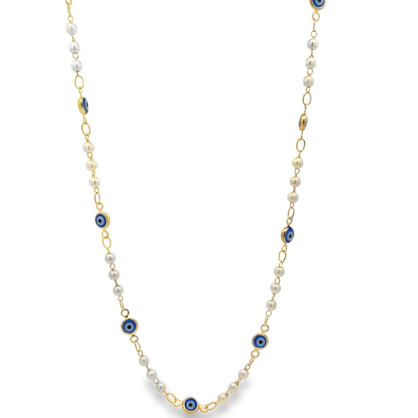 A delicate gold chain necklace features alternating white pearls and blue evil eye beads against a white background.
