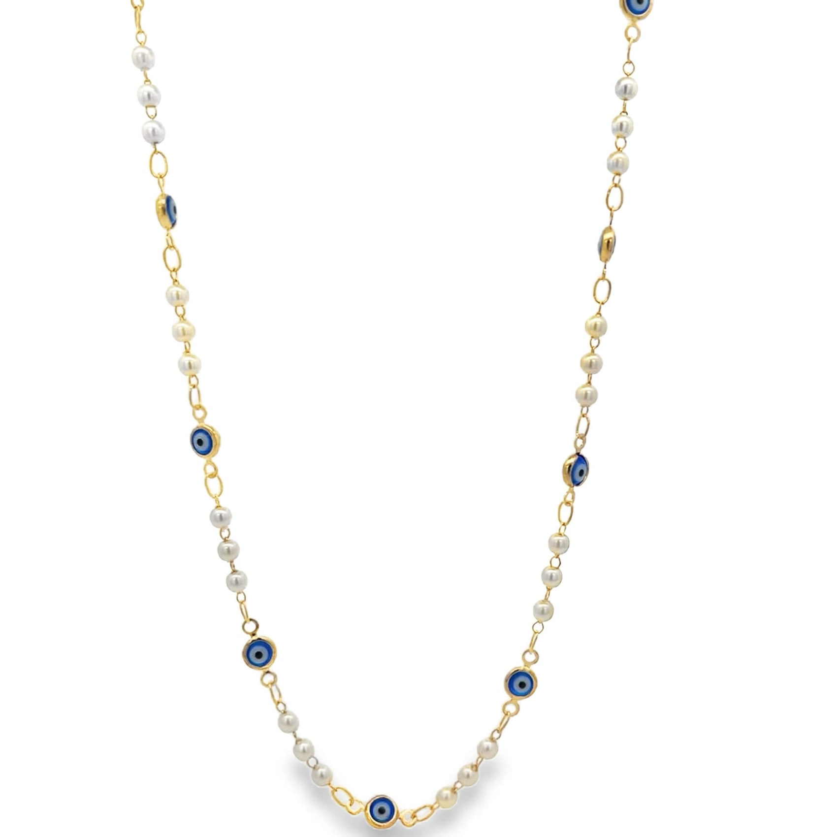 A delicate gold chain necklace features alternating white pearls and blue evil eye beads against a white background.