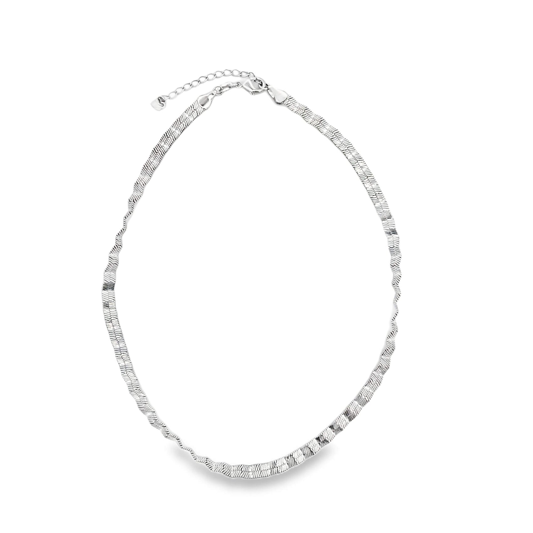 A sleek silver herringbone chain necklace rests on a clean white background.