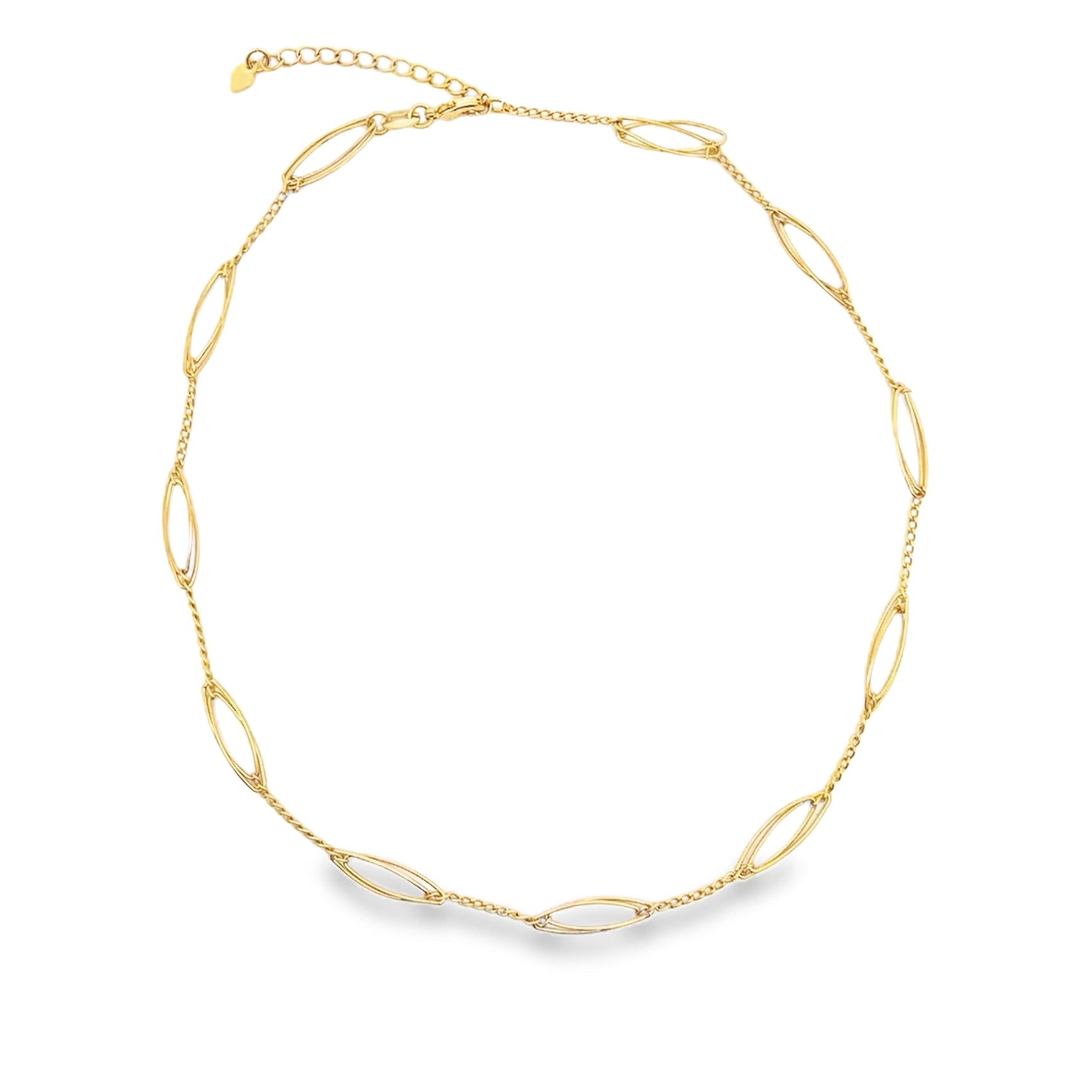 A delicate gold necklace features alternating oval links and fine chain strands arranged in a circular display against a clean white background.