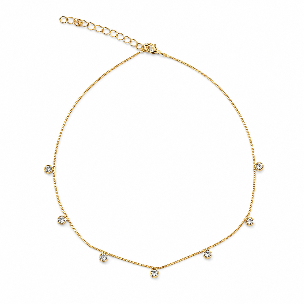 A delicate gold chain necklace sparkles with multiple bezel-set crystal charms arranged symmetrically against a clean white background.
