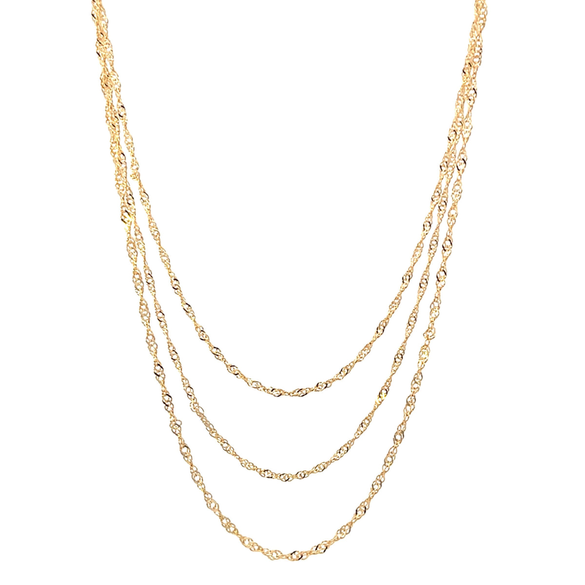 A triple-strand gold chain necklace showcases delicate twisted links cascading against a clean white background.