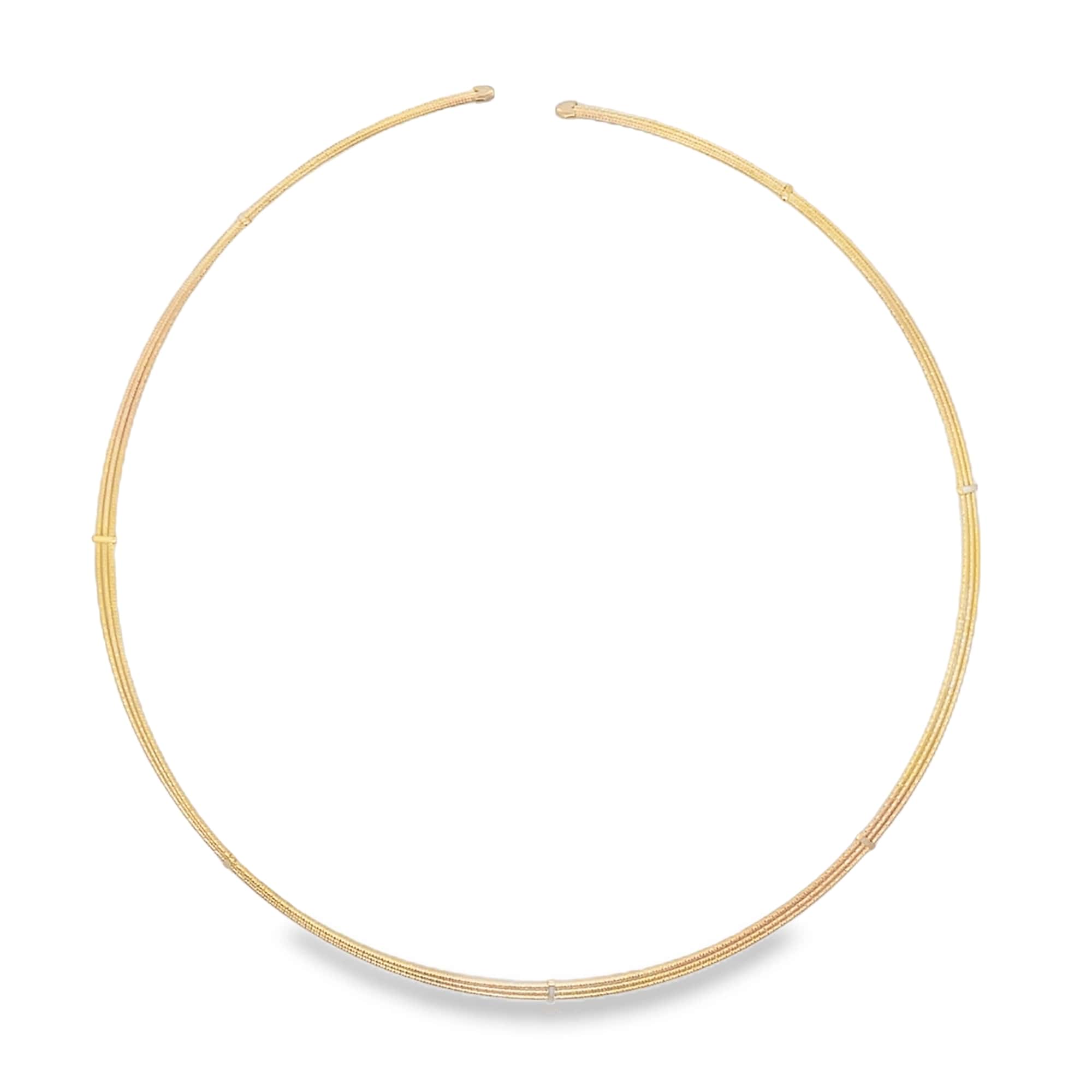 A sleek yellow gold collar necklace curves gracefully against a plain white background.
