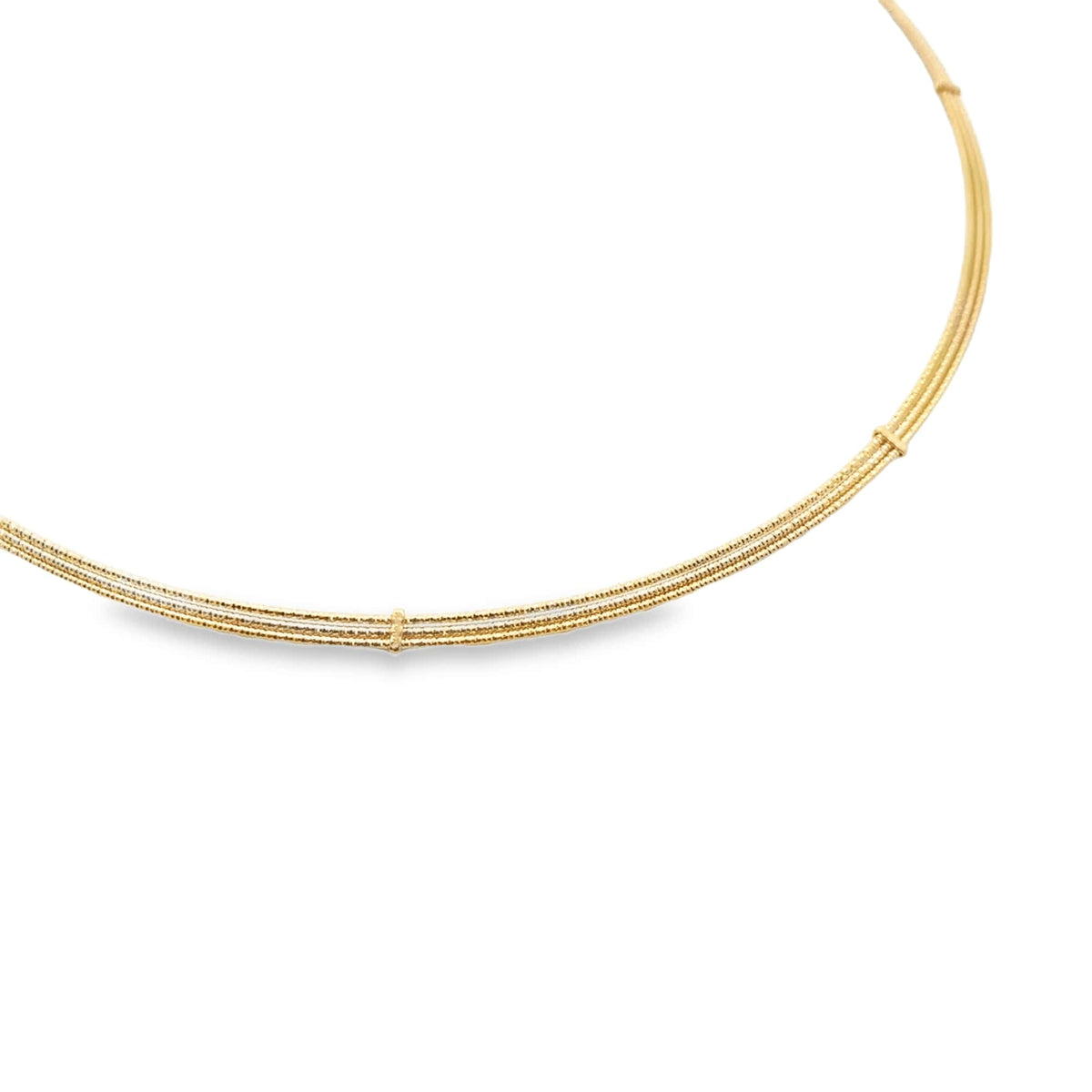 A delicate multi-strand gold choker necklace curves gracefully against a clean white background.