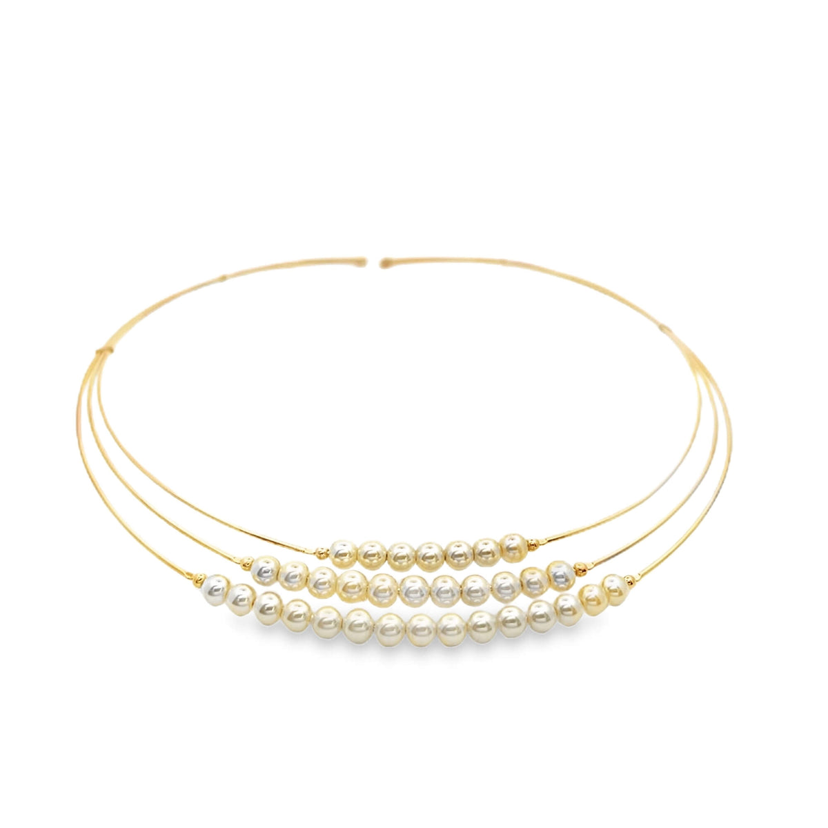 A delicate multi-strand gold wire choker necklace features rows of lustrous white pearls cascading gracefully.