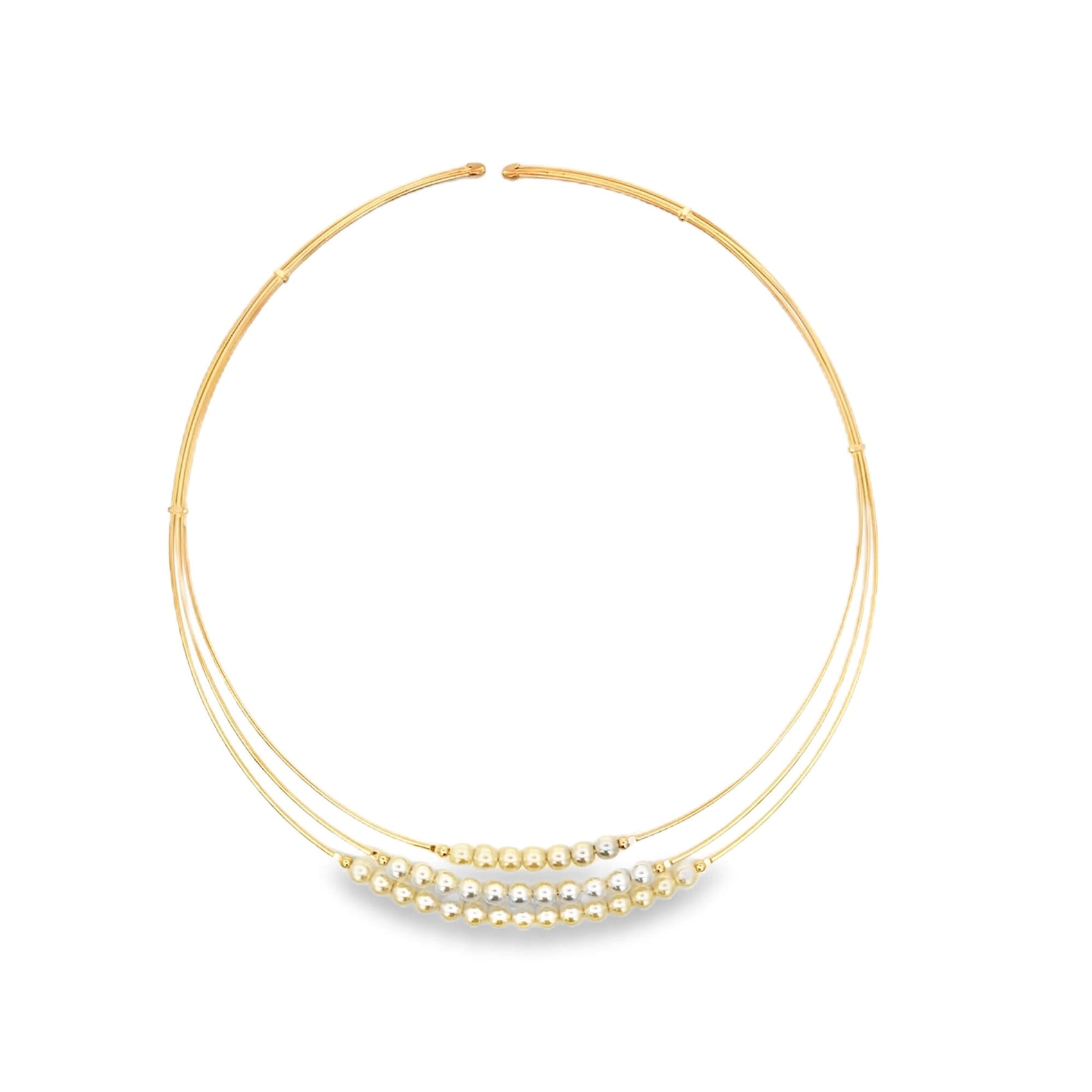 A delicate multi-strand gold choker necklace features graduated beads resting in a curved formation against a clean white background.