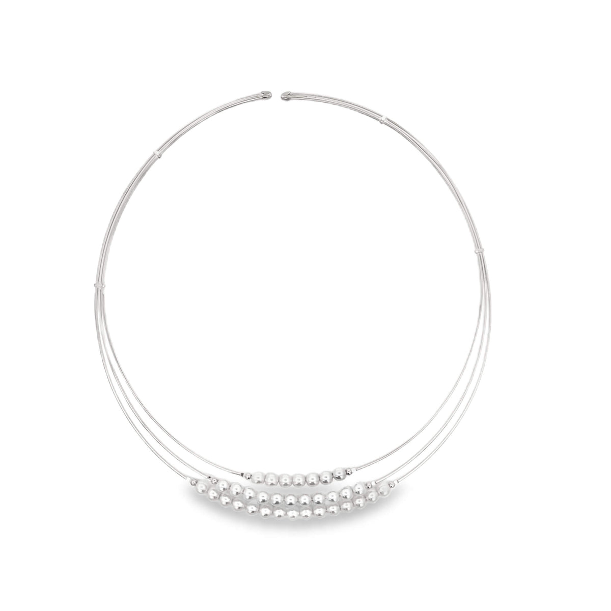 A sleek silver choker necklace features multiple delicate wire strands adorned with a sparkling row of polished silver beads at the front.