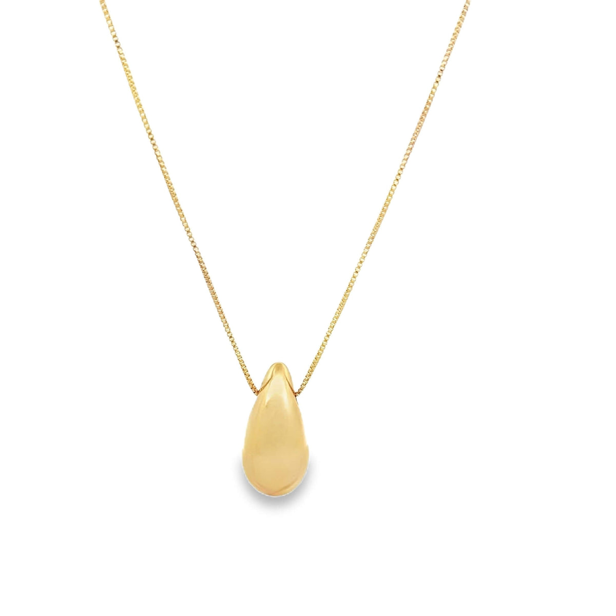 A delicate gold teardrop pendant hangs from a matching box chain necklace against a white background.