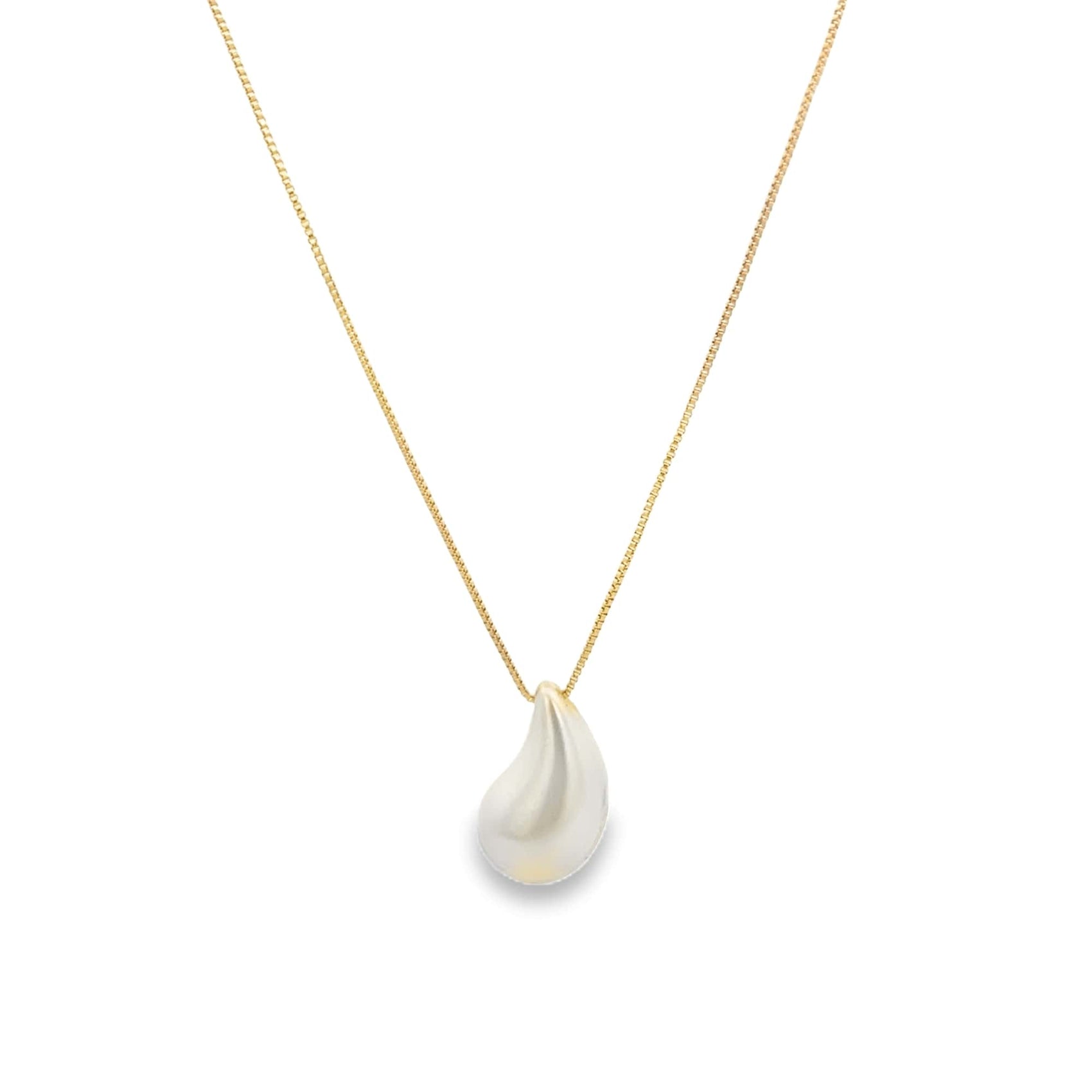 A delicate teardrop-shaped white pearl pendant hangs gracefully from a thin gold chain necklace against a clean white background.