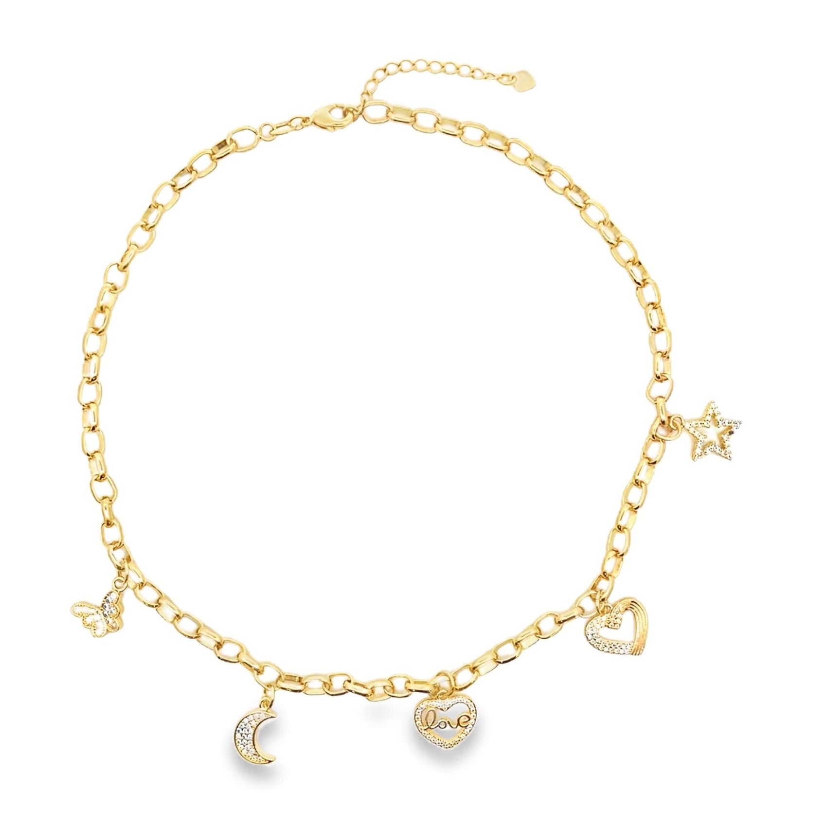 A gold charm necklace features dangling celestial and romantic pendants, including a butterfly, crescent moon, love heart, and star on a white background.