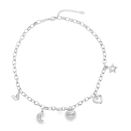 A silver charm necklace dangles against a plain white background, featuring dangling charms of a butterfly, crescent moon, love heart, and star.