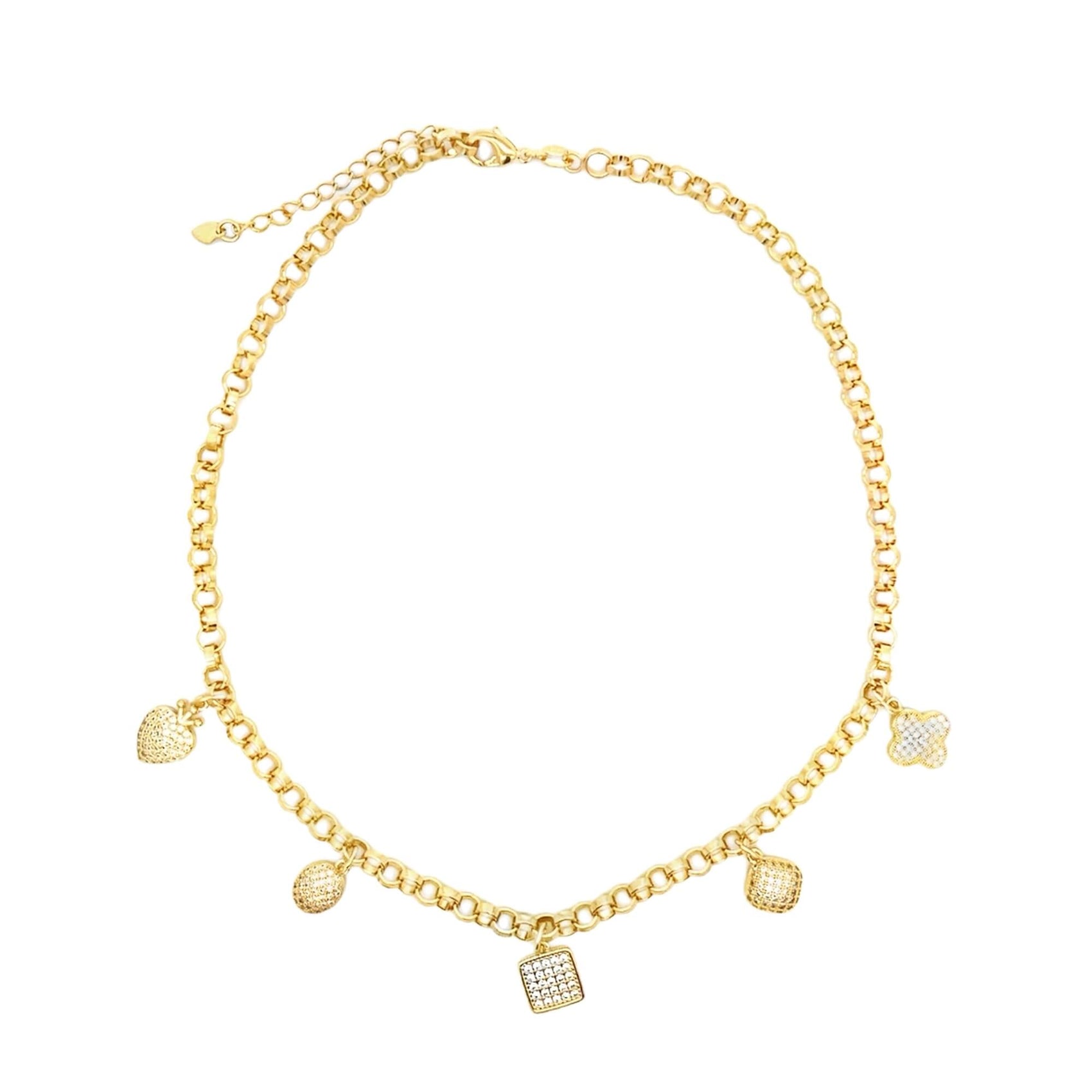 A gold link charm necklace features five dangling pendants, including textured spheres and a paved square charm, displayed against a clean white background.