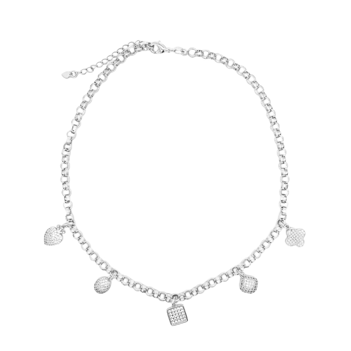 A silver chain necklace displays five dangling charm pendants including a heart, round shapes, a square, and a clover.