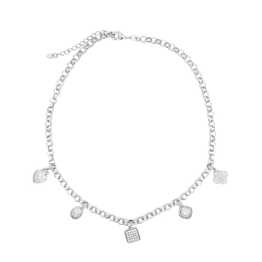 A silver chain necklace displays five dangling charm pendants including a heart, round shapes, a square, and a clover.