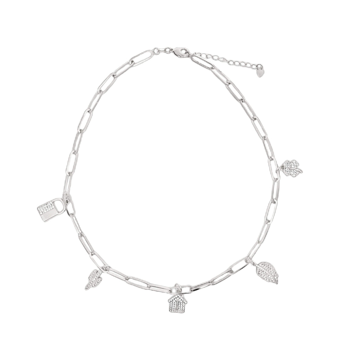 A silver paperclip chain necklace displays charming diamond-encrusted charms shaped like a house, lock, leaf, and cactus.