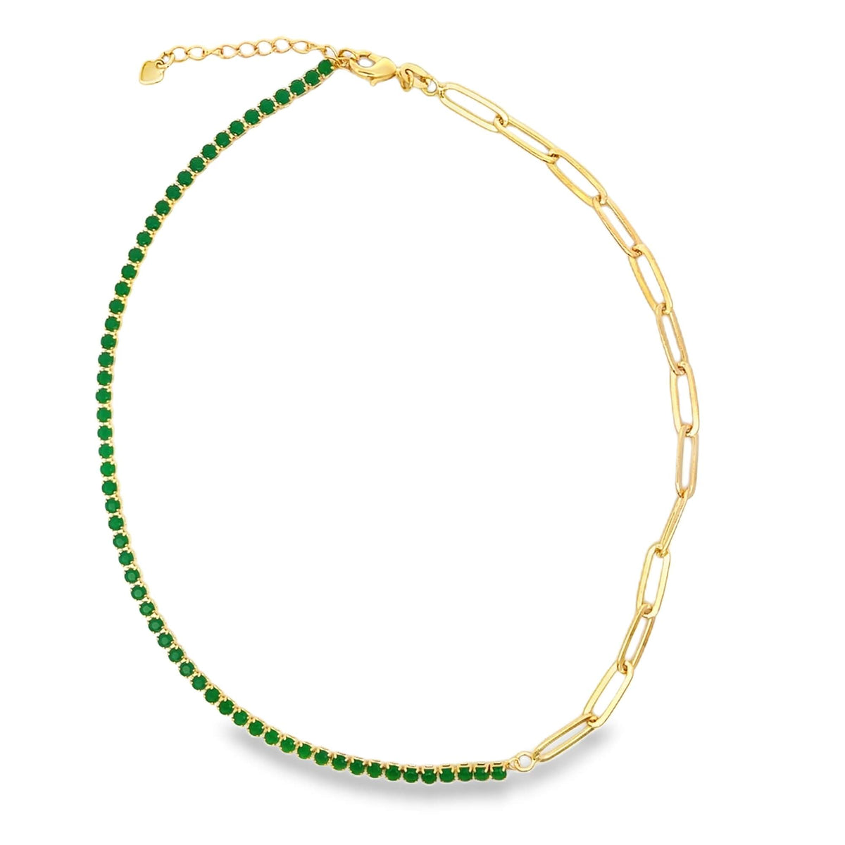 A gold-plated half-tennis necklace features vibrant green gemstone crystals on one side and a chunky paperclip chain on the other.