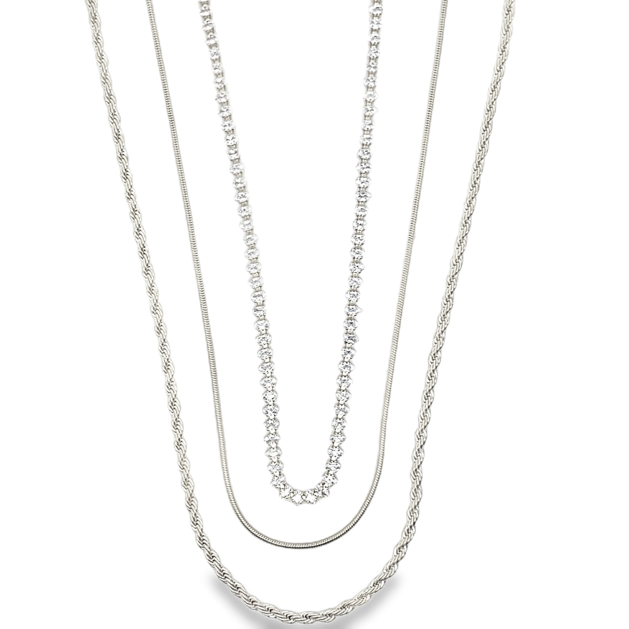 Elegant triple layer necklace with rope, snake and sparkling tennis chain. Minimalist layered jewelry in gold or silver. Perfect for everyday wear.