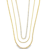 Elegant triple layer necklace with rope, snake and sparkling tennis chain. Minimalist layered jewelry in gold or silver. Perfect for everyday wear.