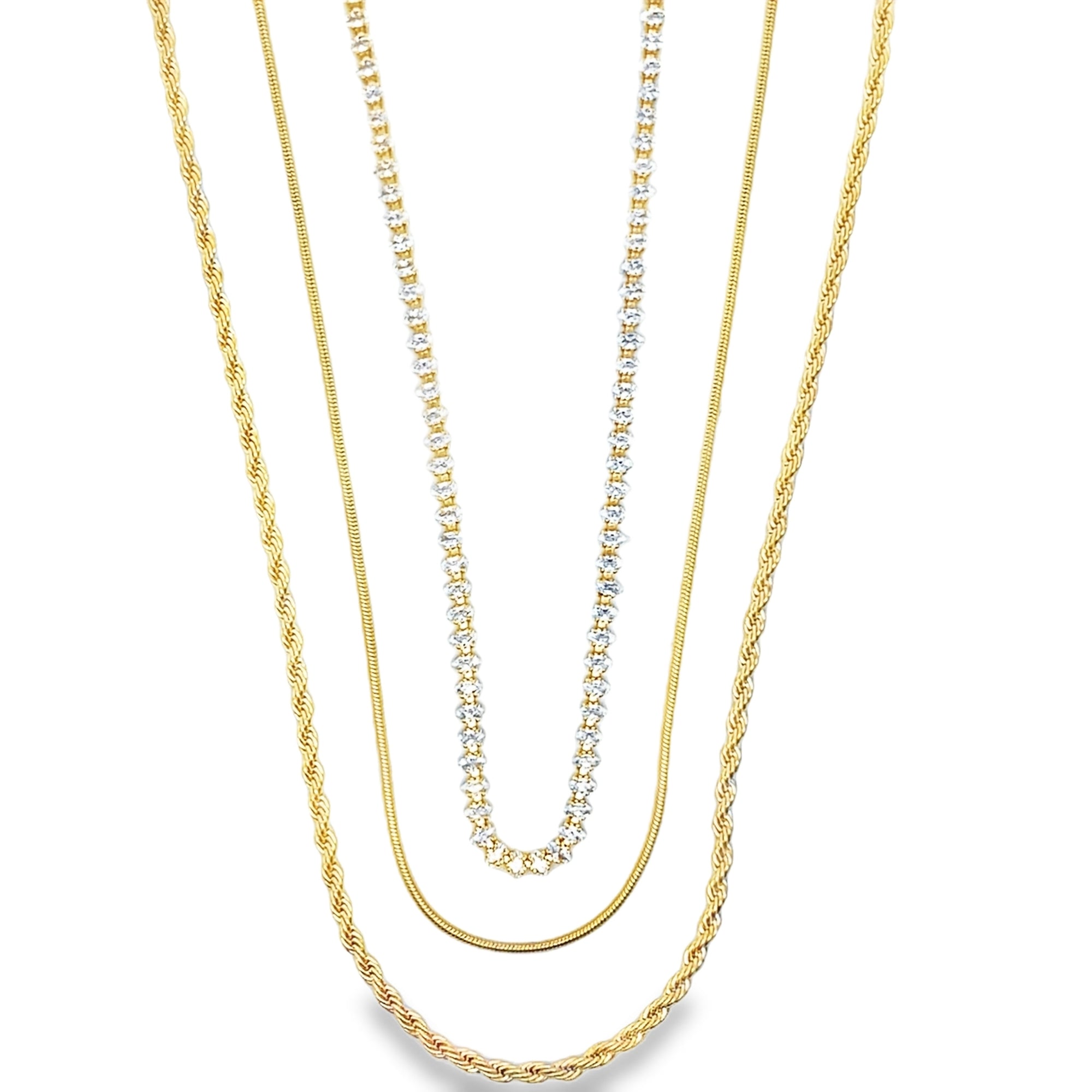 Elegant triple layer necklace with rope, snake and sparkling tennis chain. Minimalist layered jewelry in gold or silver. Perfect for everyday wear.