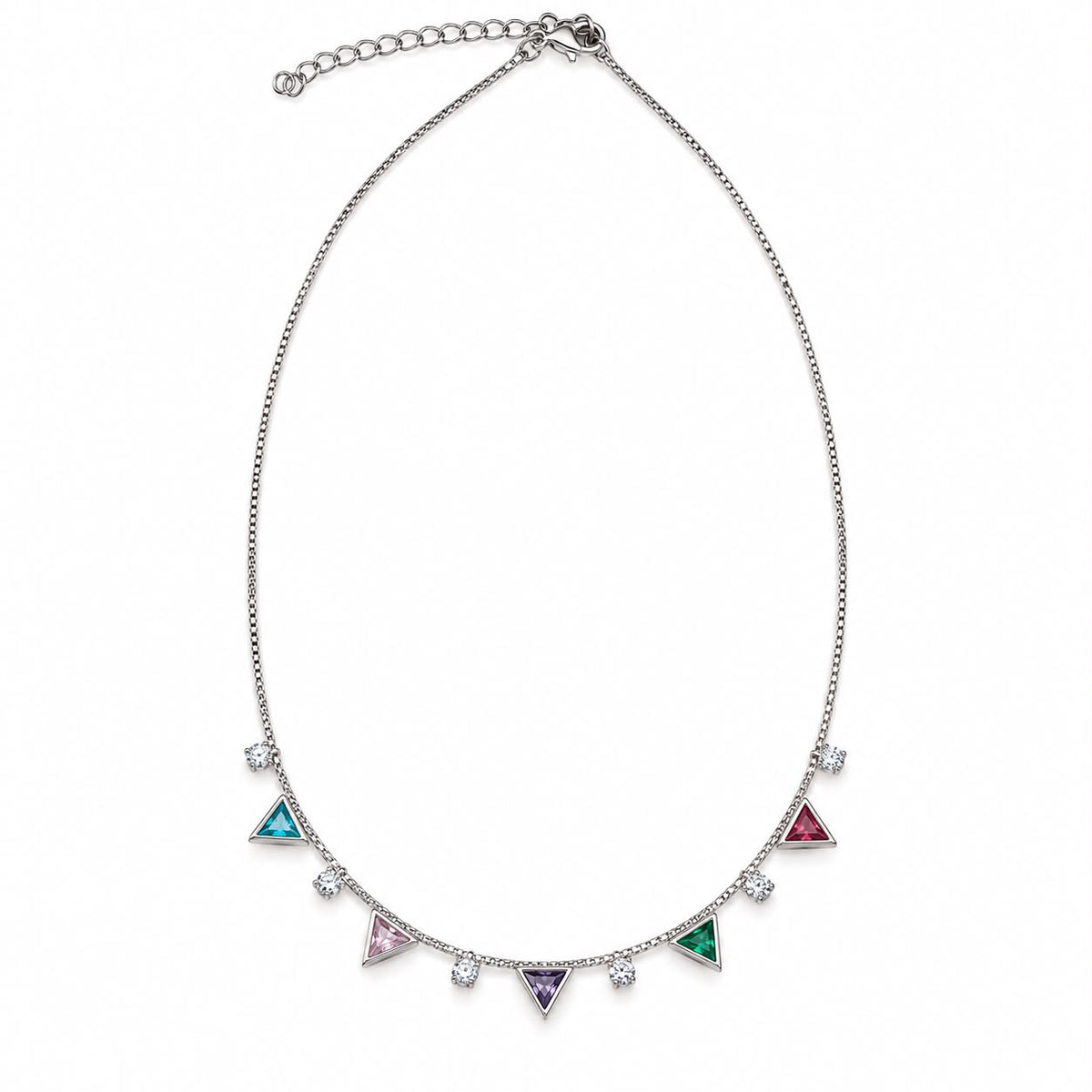 Shop the Triangle Charm Station Necklace featuring faceted triangle stones and sparkling CZ accents on a delicate chain. Available in clear and colorful variations.