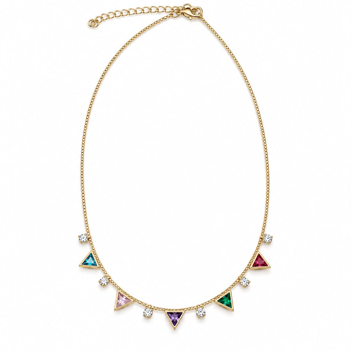 Shop the Triangle Charm Station Necklace featuring faceted triangle stones and sparkling CZ accents on a delicate chain. Available in clear and colorful variations.