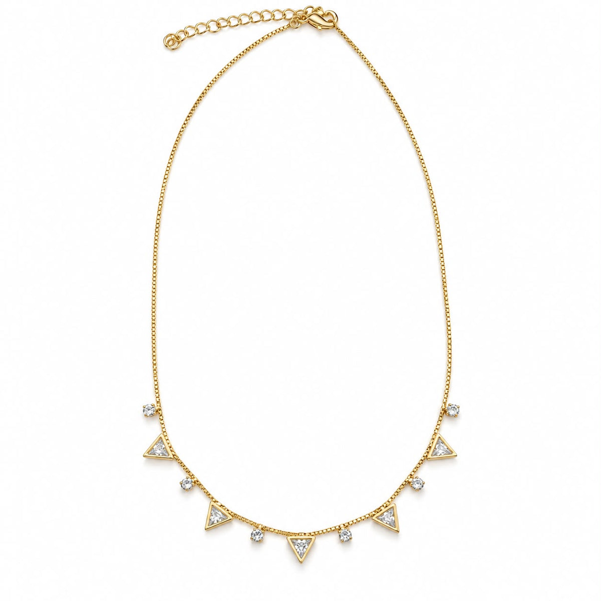 Shop the Triangle Charm Station Necklace featuring faceted triangle stones and sparkling CZ accents on a delicate chain. Available in clear and colorful variations.