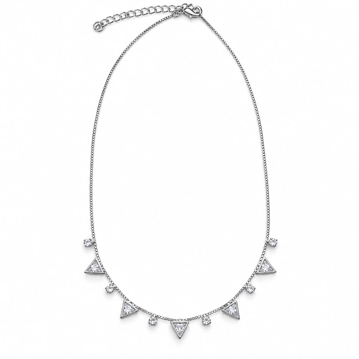 Shop the Triangle Charm Station Necklace featuring faceted triangle stones and sparkling CZ accents on a delicate chain. Available in clear and colorful variations.