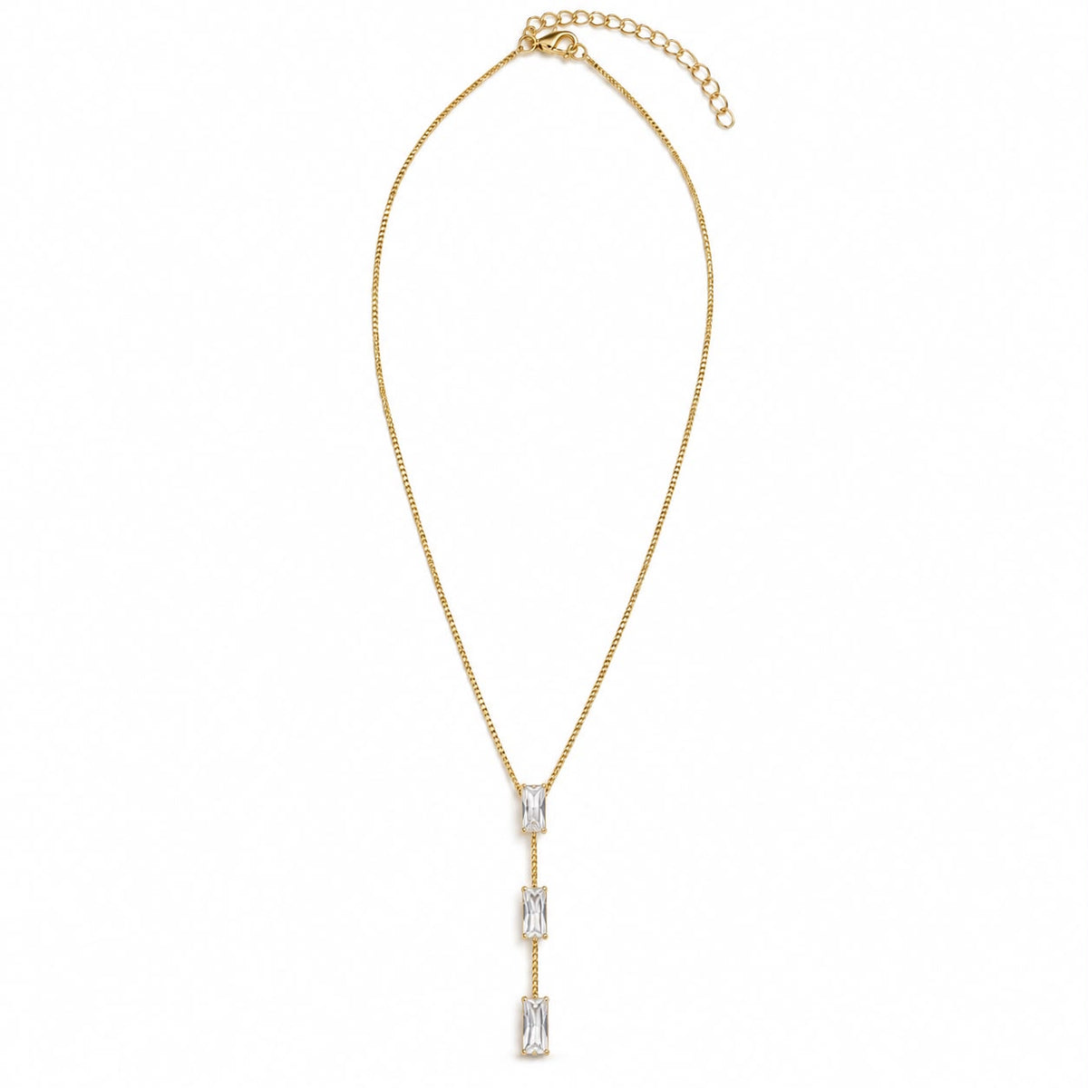 Shop the Triple Baguette CZ Y-Lariat Necklace featuring three baguette-cut CZ stones in an elegant linear Y-shaped drop design.