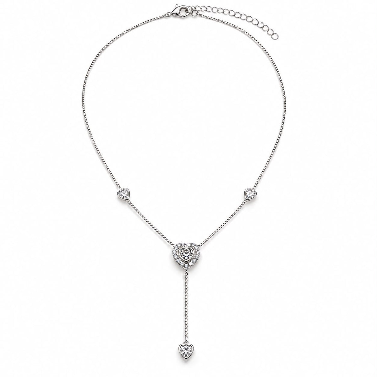Shop the Heart Lariat Necklace featuring CZ pave heart details, a delicate chain, and an elegant Y-drop silhouette with a cascading heart accent.