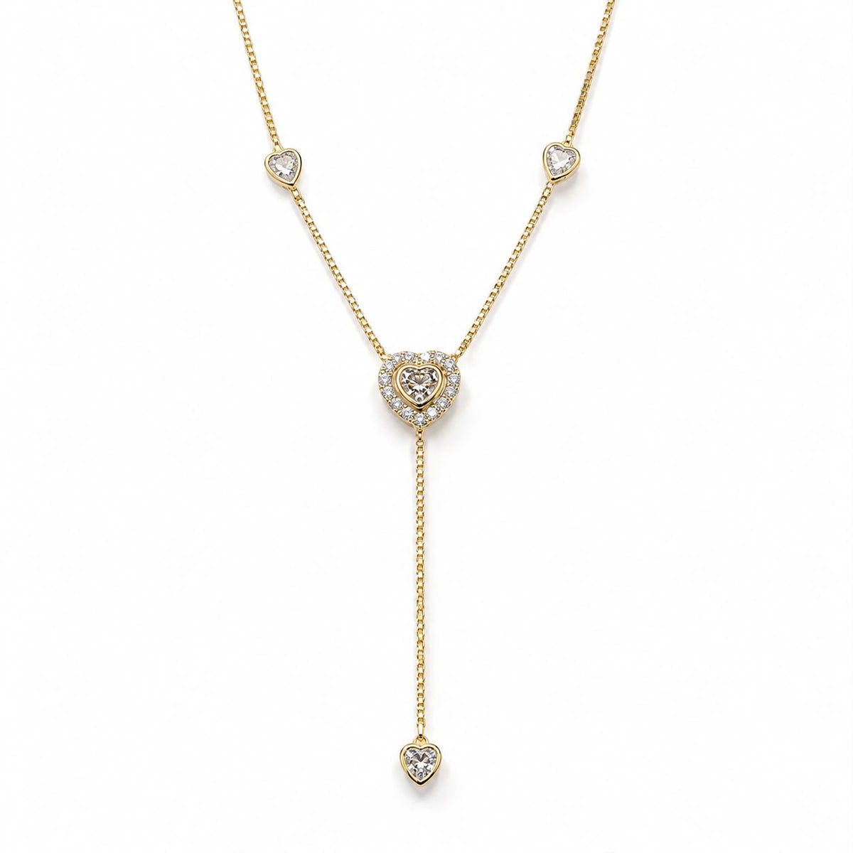Shop the Heart Lariat Necklace featuring CZ pave heart details, a delicate chain, and an elegant Y-drop silhouette with a cascading heart accent.